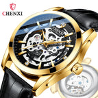 CHENXI new automatic mechanical watch men's leather strap hollow mechanical watch luminous waterproof watch CX-8821