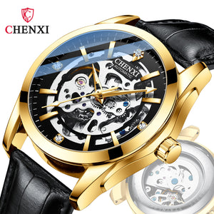 CHENXI new automatic mechanical watch men's leather strap hollow mechanical watch luminous waterproof watch CX-8821