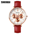 Skmei women's watch fashion six needle leather lady watch retro wind leather round women's watch quartz watch