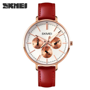 Skmei women's watch fashion six needle leather lady watch retro wind leather round women's watch quartz watch
