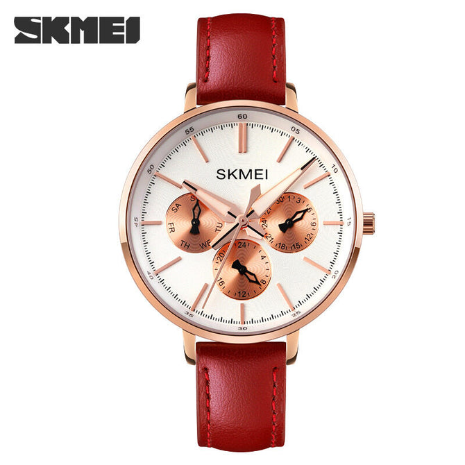 Skmei women's watch fashion six needle leather lady watch retro wind leather round women's watch quartz watch