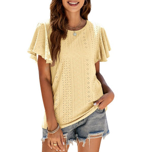Women's 2022 summer new T-shirt hollow waist Ruffle sleeve casual top