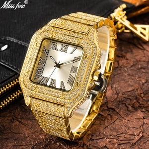 MISSFOX watch Roman scale high-end fashion diamond full diamond square men's watch women's watch round classic fashion quartz watch V324-2