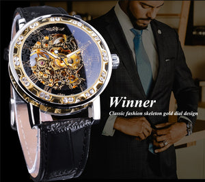 Winner Watch Men's Fashion Casual Classic Popular Rhinestone Hollow Manual Mechanical men Watch SLZg48