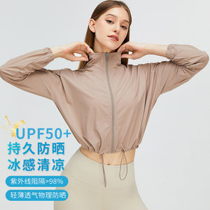 Short Drawstring Ice Silk Sun Protection Clothing Women's Outdoor Sports Running Quick-Drying Coat Uv Protection Sun-Protective Clothing top TM0121