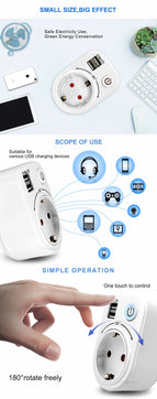 USB Socket Intelligent USB Switch Socket 2.1A Dual USB Charging Travel Adaptor Socket