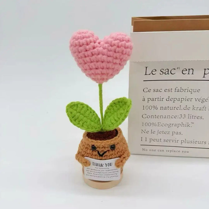Handmade Crochet Positive Sunflower Doll Crochet With Card Sunflower Heart Flower Potting Knitting Flower Knit Potted Flower