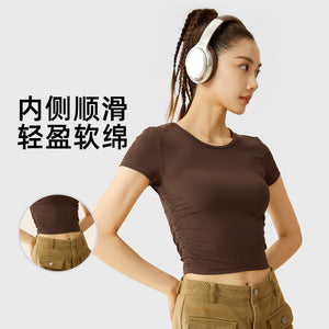 聚衣堂新款条纹瑜伽短袖透气百搭显瘦高弹运动短袖