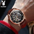 PLAYBOY 3032  Original Fully Automatic Mechanical Watches Luminous Hollow Perspective Fashionable Men's Watch Male Gift for Father ,friends