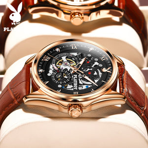PLAYBOY 3032  Original Fully Automatic Mechanical Watches Luminous Hollow Perspective Fashionable Men's Watch Male Gift for Father ,friends