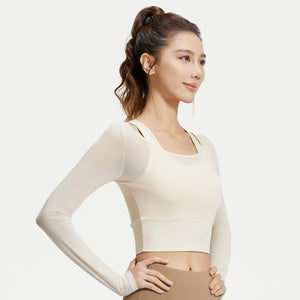 聚衣堂春秋新款网纱假两件瑜伽服上衣免穿文胸运动健身服长袖