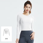 聚衣堂蜜桃美背褶皱长袖修身跑步运动长袖免穿文胸瑜伽服女