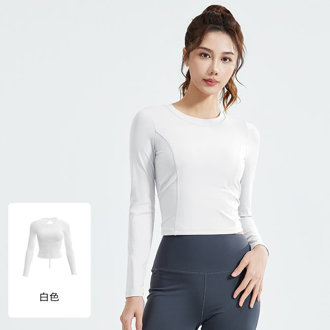 聚衣堂蜜桃美背褶皱长袖修身跑步运动长袖免穿文胸瑜伽服女