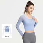 聚衣堂春秋新款网纱假两件瑜伽服上衣免穿文胸运动健身服长袖