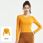 聚衣堂蜜桃美背褶皱长袖修身跑步运动长袖免穿文胸瑜伽服女