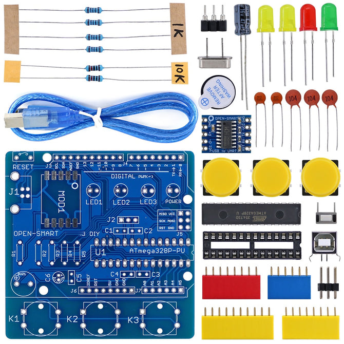 OPEN-SMART DIY ATmega328P R3 Development Board Blue CH340 Driver Soldering Parts Kit Buzzer LED Button Compatible for Arduino