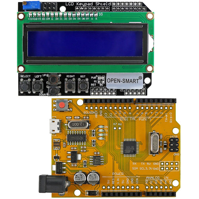 OPEN-SMART Micro USB ATmega328P DIY Development-Board + LCD 1602 Keypad Shield White Backlight Blue Compatible for Arduino