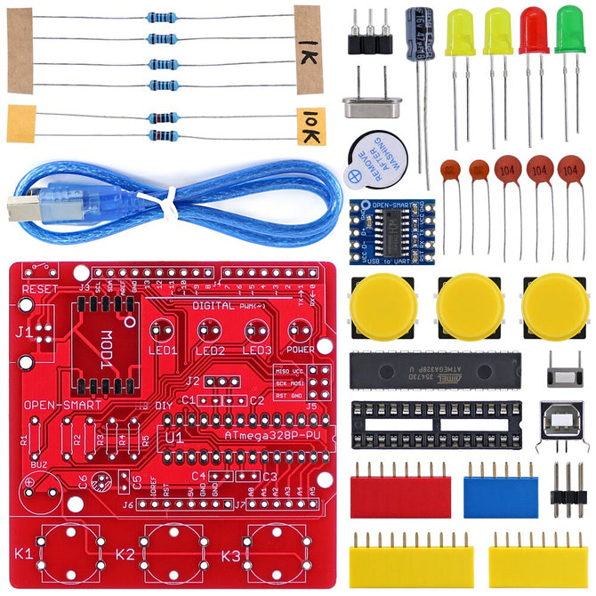 OPEN-SMART Soldering Parts Kit - Red DIY ATmega328P Development Board CH340 Driver with Buzzer LED Button Compatible for Arduino