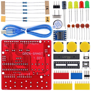 OPEN-SMART Soldering Parts Kit - Red DIY ATmega328P Development Board CH340 Driver with Buzzer LED Button Compatible for Arduino