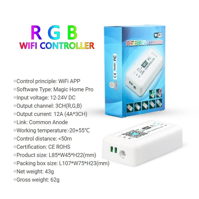 RGB WiFi Controller DC12V 24V 12A 3CH Dimmer Smart APP Timing Switch Music Mode Voice Control for LED Color Light Strip Bar Lamp