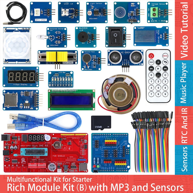 Rich Sensor Module Starter Kit Atmega328P Development Board w/ IO Shield MP3 DS1307 RTC LCD IR NTC Touch Compatible for Arduino