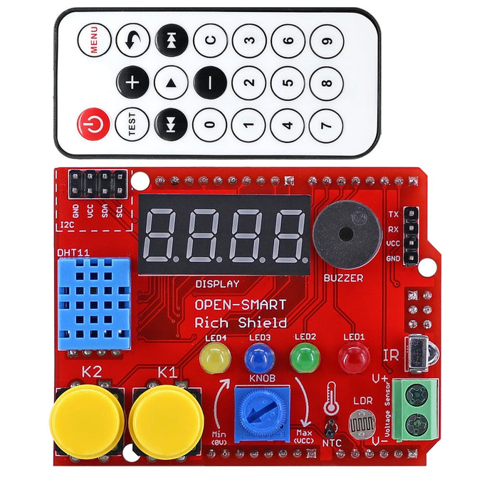 Rich Shield +IR Remote with Infrared Receiver 4-Digit LED Buzzer Button DHT11 Temperature Sensor 24C02 EEPROM module for Arduino
