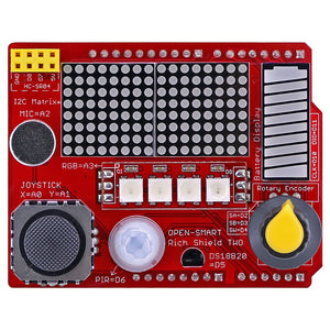 Rich Shield TWO with I2C LED Matrix / RGB LED / Joystick / Encoder / DS18B20 / PIR Humn Sensor / Sound Sensor Module for Arduino