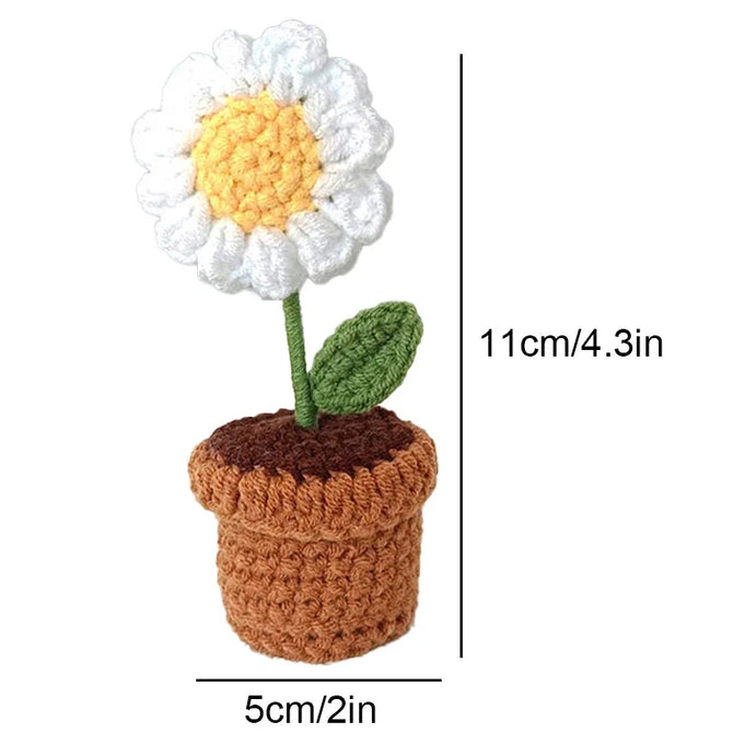 Handcrafted Mini Crochet Flower Bouquet Bonsai Knitted Daisy Tulip Rose Sunflower Artificial Plants Flowers Decor For Home Car