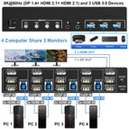 8K HDMI DP KVM USB 3.0 Switch 4x3 Triple Monitor 4K 120Hz Extended Display Displayport Switcher 4 In 3 Out for Keyboard Mouse