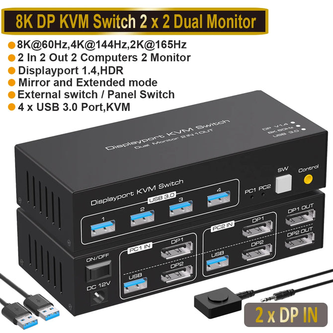 Taohome 2x2 HDMI DP KVM switch 4K 120Hz Dual Monitor Extended Display 8K USB KVM Switcher 2 in 2 out for 2 Computers 2 Monitors