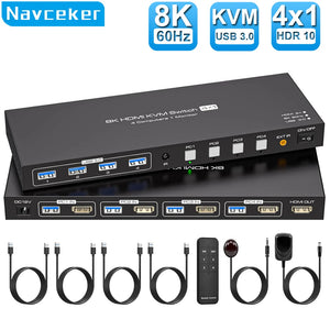 Taohome 8K HDMI KVM Switch 1 Monitors 4 Computers 4K 144Hz 4x1 USB 3.0 KVM Switch for 4 PC Share Keyboard Mouse
