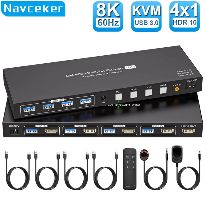 Taohome 8K HDMI KVM Switch 1 Monitors 4 Computers 4K 144Hz 4x1 USB 3.0 KVM Switch for 4 PC Share Keyboard Mouse