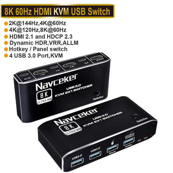 HDMI 2.1 KVM Switch 4K 120Hz HDMI USB 3.0 KVM Switch USB 8K 60Hz 1080@240Hz USB KVM Switcher HDMI with PC 2 Computer 1 Monitor