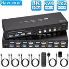 Taohome 8K HDMI DP KVM Switch 2 Monitors 4 Computers 4K 144Hz Dual Displayport USB 3.0 Switcher for 4 PC Share Keyboard Mouse