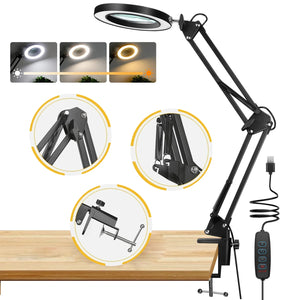 5X LED Magnifying Lamp with Clamp 3 Color Modes Adjustable Illuminated Magnifier for Soldering Iron Repair/Table Lamp/Skincare