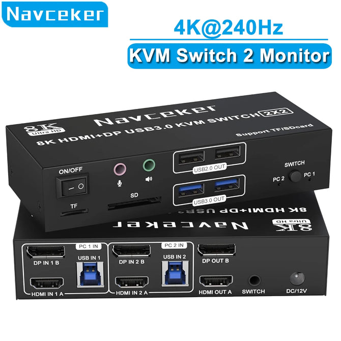Taohome 4K 240Hz 2x2 HDMI DP KVM Switch Dual Monitor Extended Display USB KVM Switcher 2 in 2 out for 2 Computers 2 Monitors