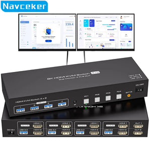 Taohome 8K HDMI KVM Switch 2 Monitors 4 Computers 4K 144Hz Dual Display 4x2 USB 3.0 KVM Switch for 4 PC Share Keyboard Mouse