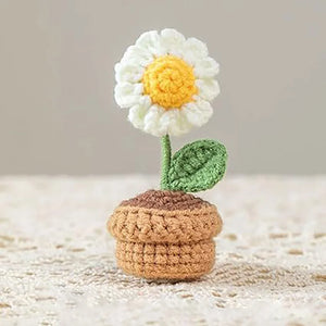 Handcrafted Mini Crochet Flower Bouquet Bonsai Knitted Daisy Tulip Rose Sunflower Artificial Plants Flowers Decor For Home Car