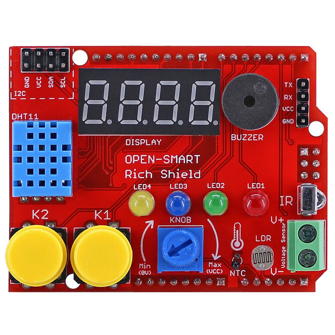 Starter kit Rich Shield with Infrared Receiver LED Buzzer Button DHT11 Light Sensor Temperature Voltage Module Board for Arduino