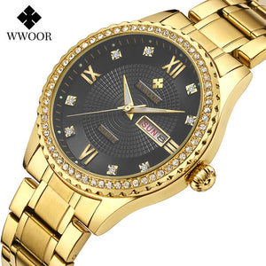 WWOOR 8856 Couple Watch Waterproof Luminous Watch Butterfly Snap Button Steel Strap Watch Strap Men's Diamond Gold Watch
