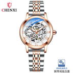 Chenxi new fashion luminous waterproof watch women's solid steel belt hollow automatic mechanical watch