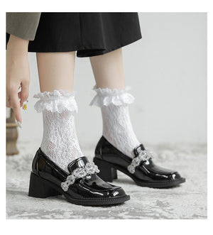 2022 new crystal ice flower Mary Jane single shoes women's high-heeled patent leather loafers thick-heeled big-toe doll shoes S256