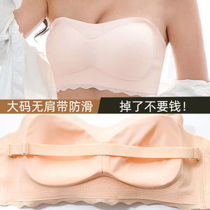 Plus size Strapless bra large size gathered anti-slip thin bra anti-drop no wire invisible wireless lace underwear