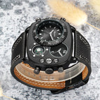 Oulm Dual Time Zone Fashion Men's Watch Quartz New Compass Leather Large Dial Men's Watch HP9865