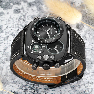 Oulm Dual Time Zone Fashion Men's Watch Quartz New Compass Leather Large Dial Men's Watch HP9865