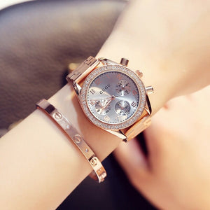 Guou 8103 steel band diamond women's watch fashion three eyes with calendar wind big dial quartz women's watch Girl Gift