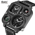 Oulm Men's quartz watch fashion watch compass large dial double time zone belt square watches for men