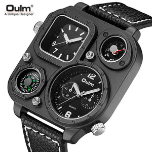 Oulm Men's quartz watch fashion watch compass large dial double time zone belt square watches for men