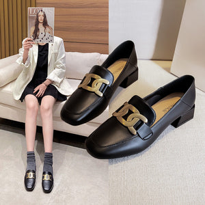British style loafers female 2022 spring new square toe leather shoes large size metal buckle thick heel single shoes female 189-7
