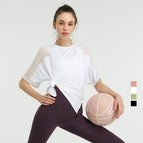 Fashion Quick-Drying Loose Elastic Running Smock T-shirt Mesh Stitching Sports Short Sleeve Fitness Yoga Wear Women